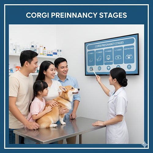 Bác sĩ thú y giải thích các giai đoạn mang thai của chó Corgi cho chủ nuôi, từ tuần đầu đến khi sinh.