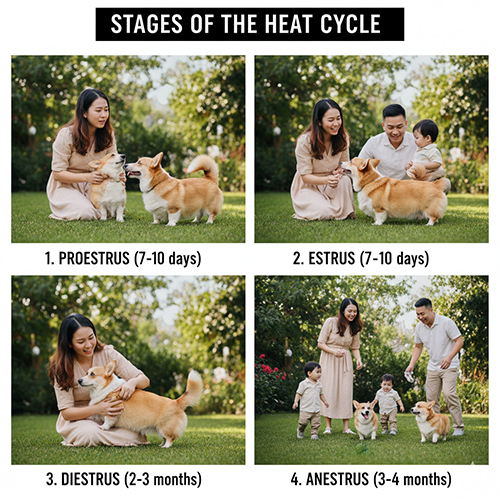 Các giai đoạn trong chu kỳ sinh sản của chó Corgi: Proestrus, Estrus, Diestrus và Anestrus