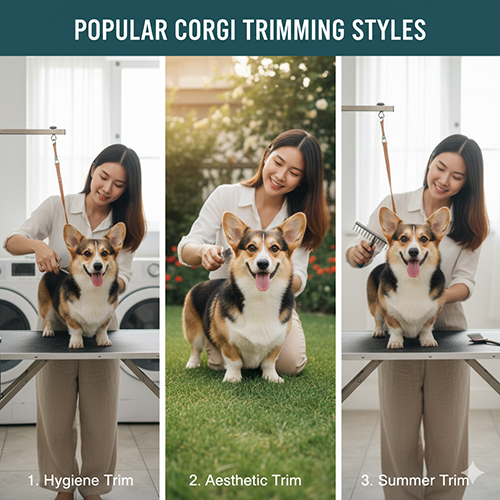 Các kiểu tỉa lông phổ biến cho chó Corgi gồm hygiene trim, thẩm mỹ trim và trim mùa hè