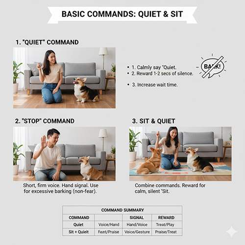 Huấn luyện Corgi với các lệnh Quiet, Stop và Sit để kiểm soát tiếng sủa hiệu quả