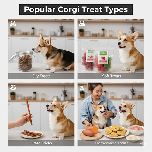 Các loại bánh thưởng phổ biến cho chó Corgi – snack khô, bánh mềm, pate sticks, bánh homemade