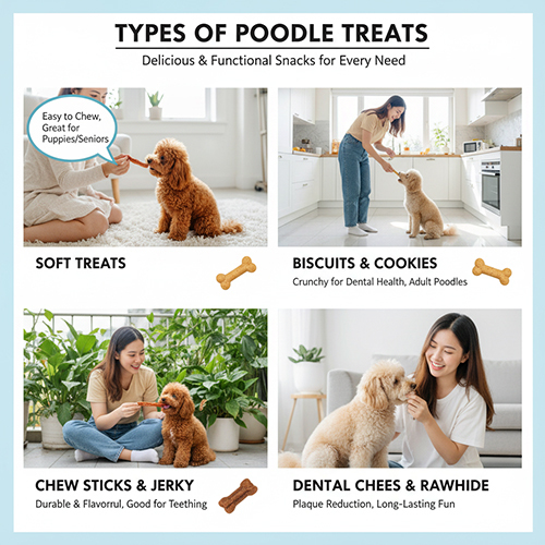 Các loại bánh thưởng cho Poodle: bánh mềm, bánh khô, xúc xích que gặm, xương gặm.