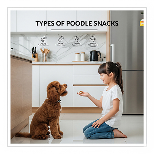 Các loại đồ ăn vặt cho chó Poodle như bánh thưởng, xúc xích, xương gặm, thịt khô – snack bổ dưỡng và an toàn
