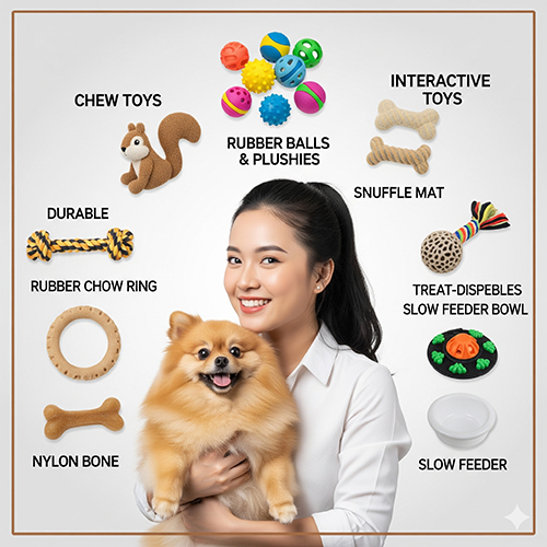 Các loại đồ chơi cho chó Phốc sóc: gặm nhai, bóng cao su, gối bông, đồ chơi thông minh