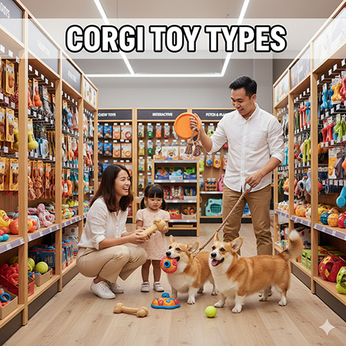 Một gia đình gồm bố, mẹ và bé gái đang chọn đồ chơi cho hai chú chó Corgi trong cửa hàng thú cưng. Họ đang xem xét các loại đồ chơi gặm nhai, đồ chơi vận động và đồ chơi trí tuệ, thể hiện sự đa dạng của các loại đồ chơi dành cho Corgi.
