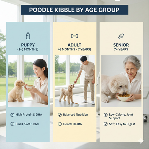 Các loại hạt cho chó Poodle theo độ tuổi – hạt cho Poodle con, trưởng thành và chó già với nhu cầu dinh dưỡng khác nhau.