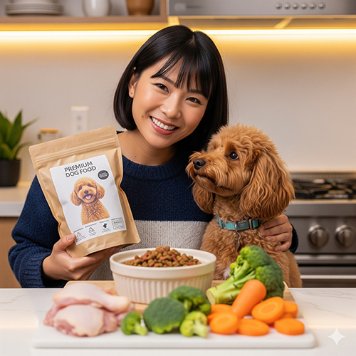 Cô gái tươi cười bên chó Poodle nâu đỏ và các loại thức ăn cơ bản gồm hạt khô, thịt, rau củ, ngũ cốc.