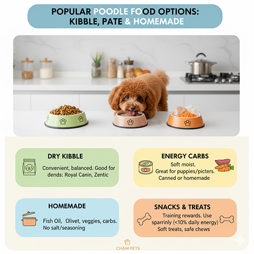 Các loại thức ăn phổ biến cho chó Poodle: hạt khô, pate, homemade và snack