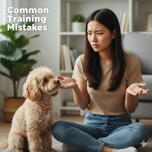 Cô gái bối rối khi huấn luyện chó Poodle trong phòng khách, minh họa các lỗi thường gặp khi dạy chó