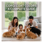 Gia đình vui đùa cùng bốn chú chó Corgi nhiều màu lông (đỏ-trắng, tri, sable…) trong phòng khách – minh họa bài “Các màu lông Corgi & cách chọn màu phù hợp”.
