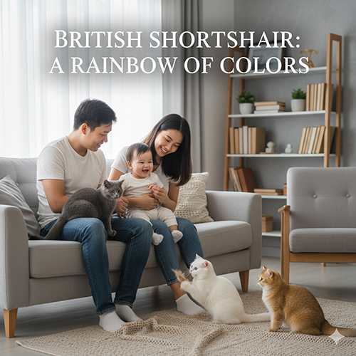 Gia đình vui đùa cùng mèo Anh lông ngắn nhiều màu sắc khác nhau trong phòng khách