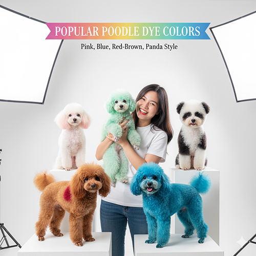 Các màu nhuộm chó Poodle phổ biến: hồng, xanh dương, đỏ, pastel và phong cách panda