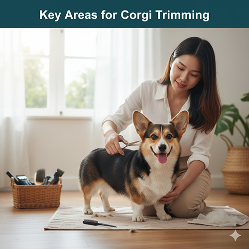Các vùng nên tỉa lông cho chó Corgi gồm bàn chân, kẽ chân, vùng mông, cổ ngực, tai và mép để giữ vệ sinh và gọn gàng