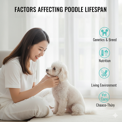 Các yếu tố ảnh hưởng đến tuổi thọ chó Poodle: di truyền, dinh dưỡng, môi trường, chăm sóc thú y