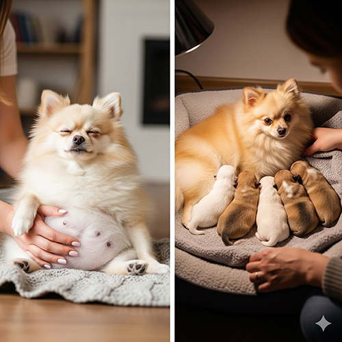 Chó Phốc Sóc mang thai và chó mẹ đang chăm sóc đàn con nhỏ mới sinh