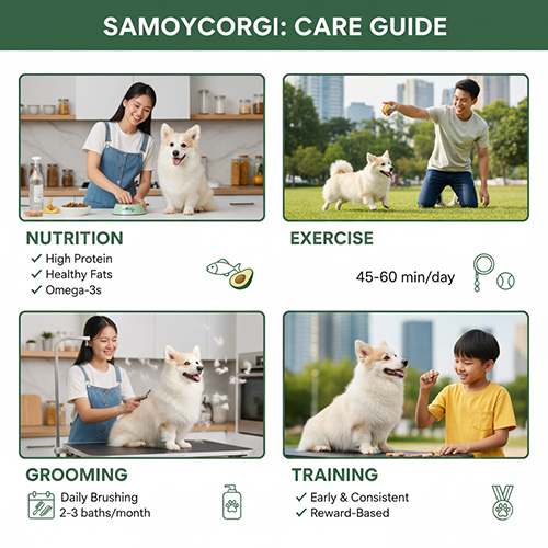 Cách chăm sóc Corgi lai Samoyed – dinh dưỡng, vận động, grooming & huấn luyện