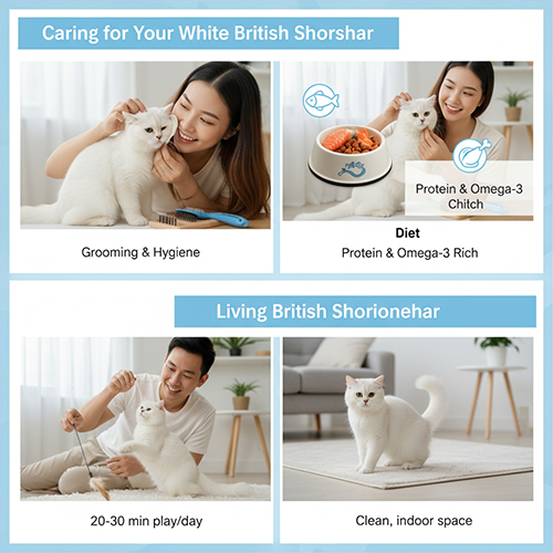 Cách chăm sóc mèo Anh lông ngắn trắng (British Shorthair White) với chế độ ăn giàu protein và omega-3, vệ sinh lông thường xuyên, vận động hàng ngày.