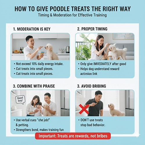 Cách cho Poodle ăn bánh thưởng đúng chuẩn – kiểm soát lượng, cho đúng lúc, kết hợp khen ngợi, tránh dùng để dỗ khi hư.
