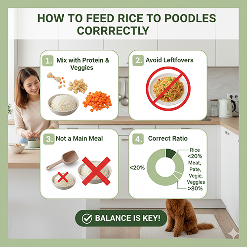 Cách cho chó Poodle ăn cơm đúng cách – chỉ trộn với thịt, rau củ; không thay thế bữa chính; cơm chiếm <20% khẩu phần.