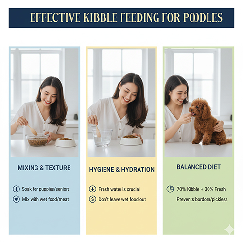 Cách cho chó Poodle ăn hạt hiệu quả – ngâm hạt với nước ấm, trộn pate/thịt băm, bổ sung nước sạch và kết hợp 70% hạt + 30% đồ tươi.