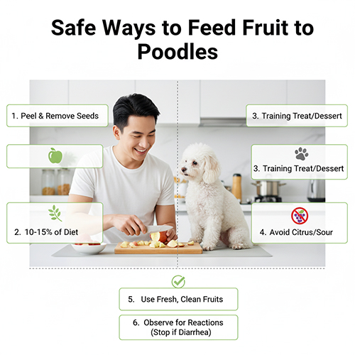 Cách cho chó Poodle ăn hoa quả an toàn: gọt vỏ bỏ hạt, chỉ chiếm 10–15% khẩu phần, dùng làm snack hoặc tráng miệng