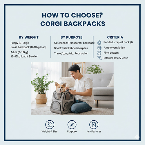 Chó Corgi ngồi trong balo vải, minh họa cách chọn balo theo cân nặng và mục đích sử dụng