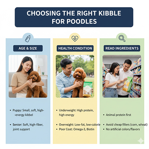 Cách chọn hạt cho chó Poodle – dựa vào độ tuổi, kích cỡ, tình trạng sức khỏe và thành phần dinh dưỡng trên bao bì.