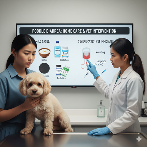 Cách chữa chó Poodle bị tiêu chảy: xử lý tại nhà với Oresol, cháo loãng, men tiêu hóa; đưa thú y khi có máu, nôn mửa, mất nước nặng.