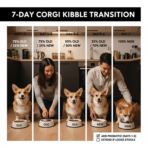 Hướng dẫn chuyển đổi thức ăn hạt cho chó Corgi trong 7 ngày từ hạt cũ sang hạt mới