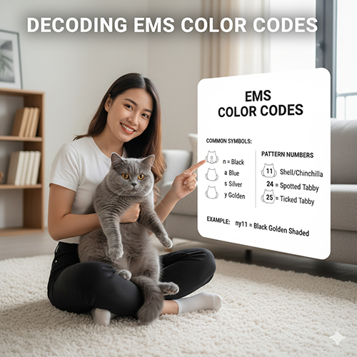 Cô gái ôm mèo Anh lông ngắn màu xám xanh và chỉ vào bảng giải thích mã màu EMS