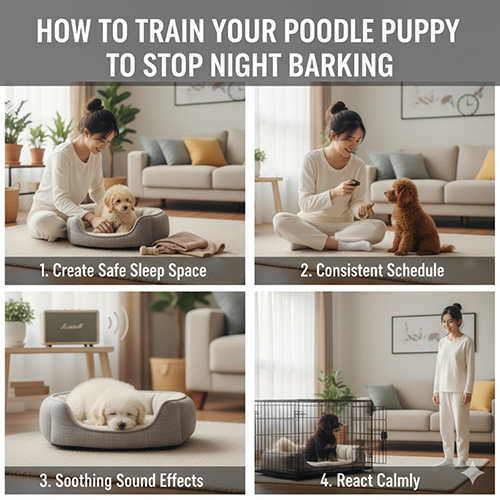 Cách huấn luyện Poodle con hạn chế sủa đêm với không gian ngủ an toàn, lịch sinh hoạt, âm thanh êm dịu và phản ứng đúng cách