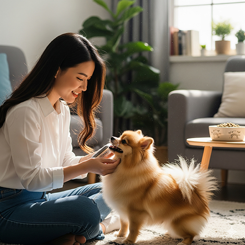 Chủ nhân vui đùa cùng chó Phốc Sóc trong nhà, minh họa cách chăm sóc để kéo dài tuổi thọ