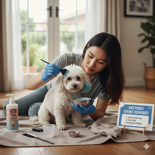 Hướng dẫn nhuộm lông chó Poodle an toàn bằng thuốc nhuộm thú cưng chuyên dụng, tránh vùng mắt và miệng