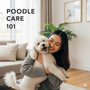 Cô gái trẻ vui vẻ chăm sóc chó Poodle trắng trong nhà, minh họa cách nuôi Poodle chuẩn khoa học cho người mới bắt đầu.