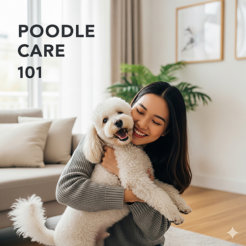 Cô gái trẻ vui vẻ chăm sóc chó Poodle trắng trong nhà, minh họa cách nuôi Poodle chuẩn khoa học cho người mới bắt đầu.