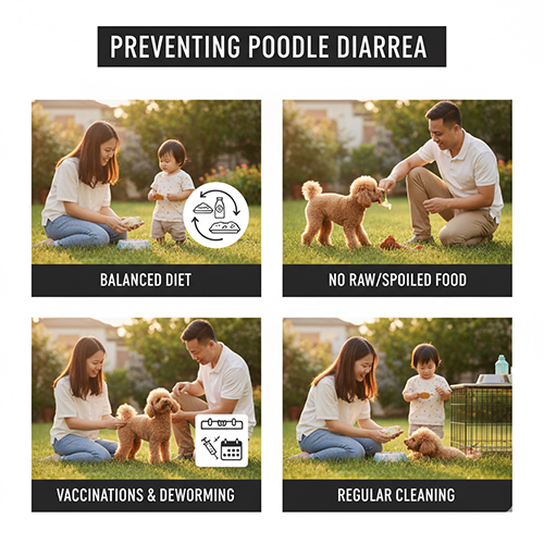 Cách phòng ngừa chó Poodle bị tiêu chảy: ăn uống hợp lý, không ăn đồ sống ôi thiu, tẩy giun định kỳ, tiêm phòng và vệ sinh chuồng bát thường xuyên.