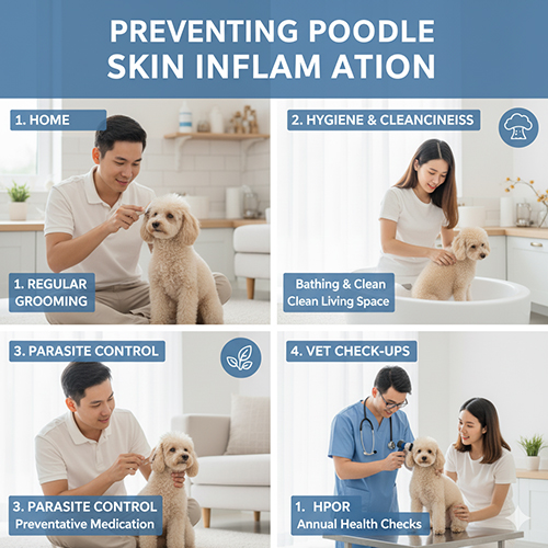 Cách phòng ngừa viêm da cho chó Poodle: chải lông, tắm định kỳ, vệ sinh chuồng trại, kiểm soát ký sinh trùng và khám thú y