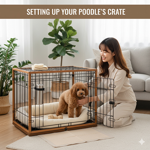 Hướng dẫn set-up chuồng nuôi chó Poodle với đệm, bình nước, đồ chơi và vị trí đặt hợp lý