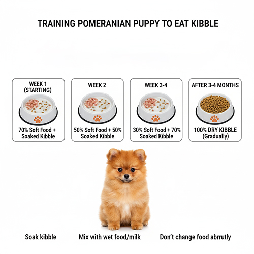Infographic hướng dẫn cách tập cho chó Phốc Sóc con ăn hạt khô theo từng tuần, bắt đầu từ hạt ngâm mềm và tăng dần tỷ lệ hạt khô, cùng với các mẹo nhỏ quan trọng.