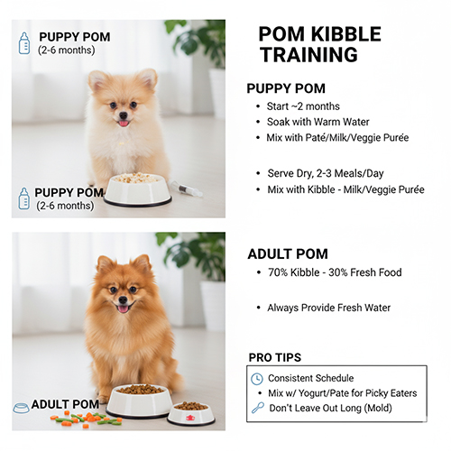 Hai hình ảnh, một chú chó Phốc Sóc con cạnh bát thức ăn và một chú Phốc Sóc trưởng thành bên bát thức ăn hạt. Bên cạnh là hướng dẫn "POM KIBBLE TRAINING" cho "PUPPY POM" và "ADULT POM" cùng các "PRO TIPS".