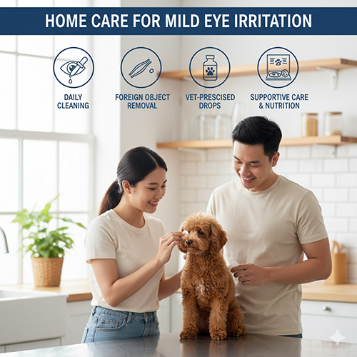Cách xử lý chó Poodle bị đau mắt nhẹ tại nhà: vệ sinh mắt, loại bỏ dị vật, dùng thuốc nhỏ mắt thú y, chăm sóc dinh dưỡng