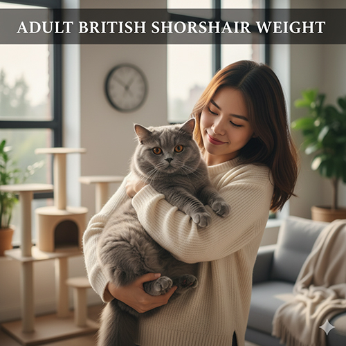 Cân nặng mèo Anh lông ngắn trưởng thành: mèo đực 5–7,5 kg, mèo cái 3,5–5,5 kg, một số cá thể lớn có thể đạt 8–9 kg