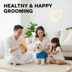 Gia đình chăm sóc chó Poodle trắng mặc áo xanh sau khi grooming – minh họa bài viết cạo lông đúng cách, khi nên và khi không nên