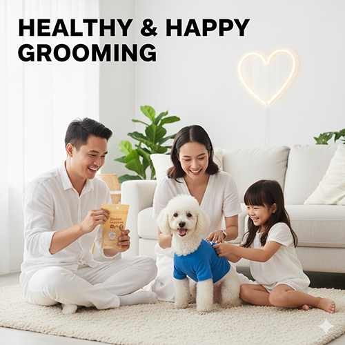 Gia đình chăm sóc chó Poodle trắng mặc áo xanh sau khi grooming – minh họa bài viết cạo lông đúng cách, khi nên và khi không nên
