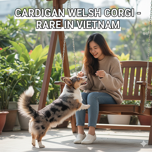 Cardigan Welsh Corgi đuôi dài hiếm gặp tại Việt Nam, chó Corgi màu merle đang chơi cùng cô gái