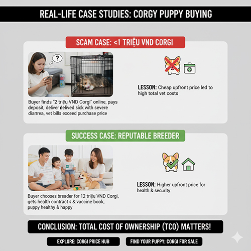 Case study mua Corgi con giá rẻ: bé 2 triệu bị bệnh nặng, tốn phí thú y; so với mua từ trại uy tín 12 triệu có bảo hành sức khỏe, bé khỏe mạnh