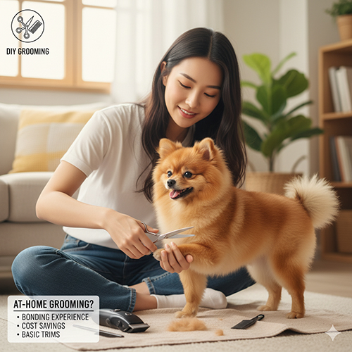 Cô gái Việt Nam đang tự cắt tỉa móng cho chú chó Phốc Sóc tại nhà.