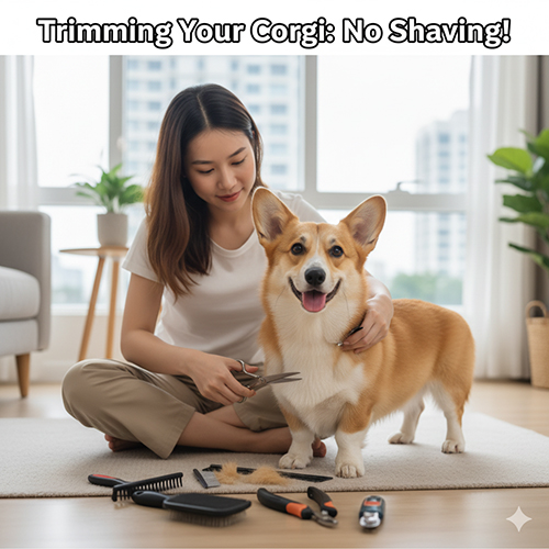 Cô gái cắt tỉa lông cho chó Corgi trong nhà – nguyên tắc cắt gọn gàng, không cạo sát để bảo vệ double coat