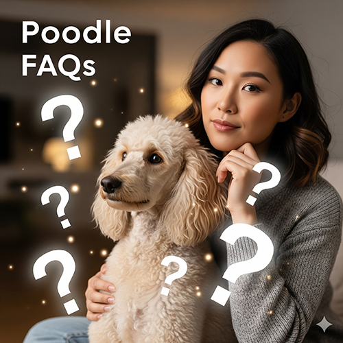 Cô gái ngồi cạnh chó Poodle trắng với các dấu hỏi chấm minh họa phần câu hỏi thường gặp khi nuôi Poodle.