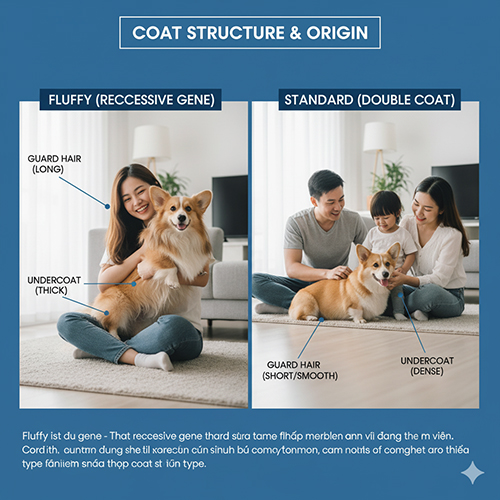 So sánh cấu trúc lông Fluffy Corgi và Standard Corgi với lớp phủ và lớp lót minh họa rõ ràng